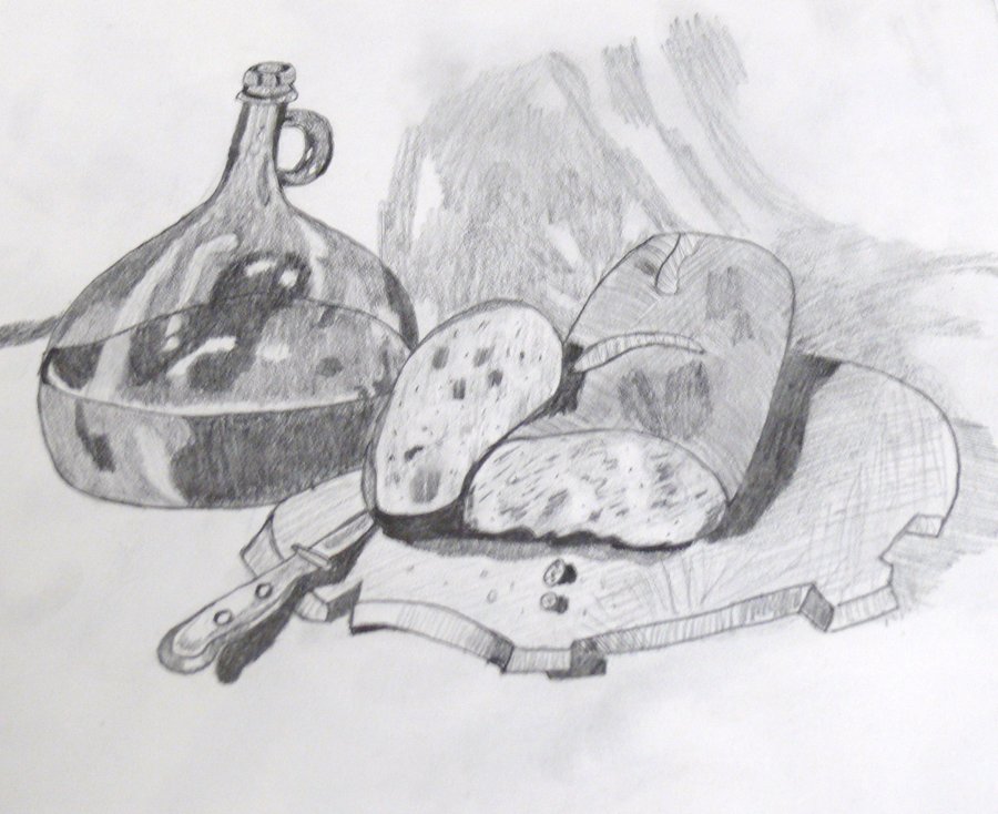 900x734 Wine And Bread Pencil Sketch By Balshumet - Sketch Of Bread