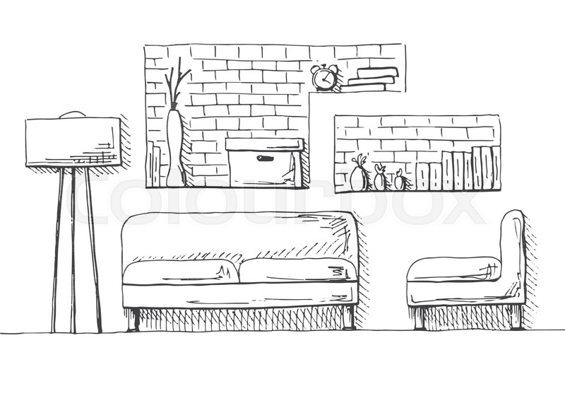 800x560 Sofa, Armchair And Floor Lamp. Brick Wall With Shelves. Vector - Sketch Of Brick Wall