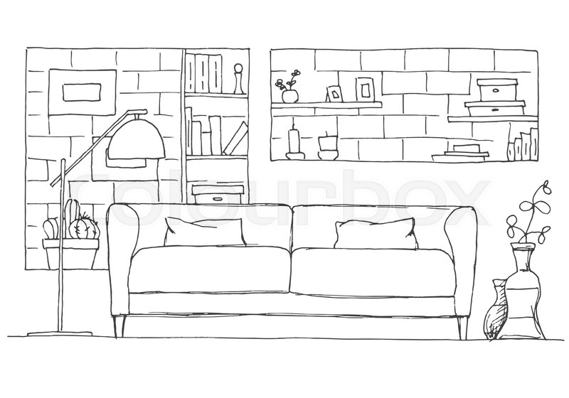 800x560 Sofa And Floor Lamp. Brick Wall With Shelves. Vector Illustration - Sketch Of Brick Wall