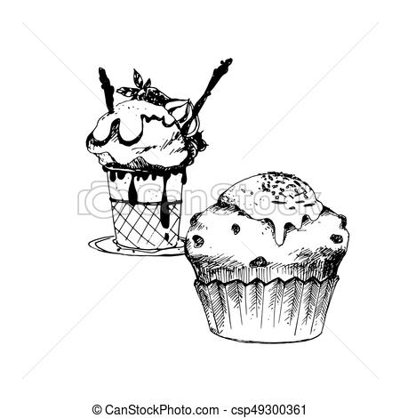 450x470 Sketch Of Food. Hand Drawn Sketch Of Cake And Ice Cream In Bowl - Sketch Of Cake