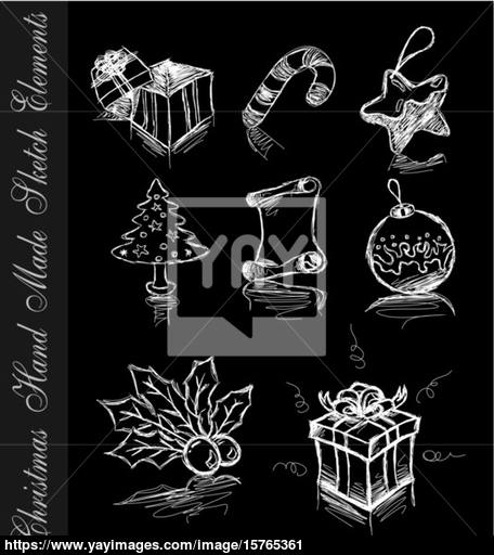 456x512 Hand Made Sketch Of Christmas Design Elements On Black Vector - Sketch Of Christmas