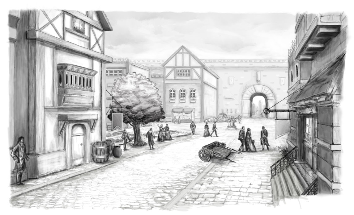 1145x697 City Street Sketch - Sketch Of City