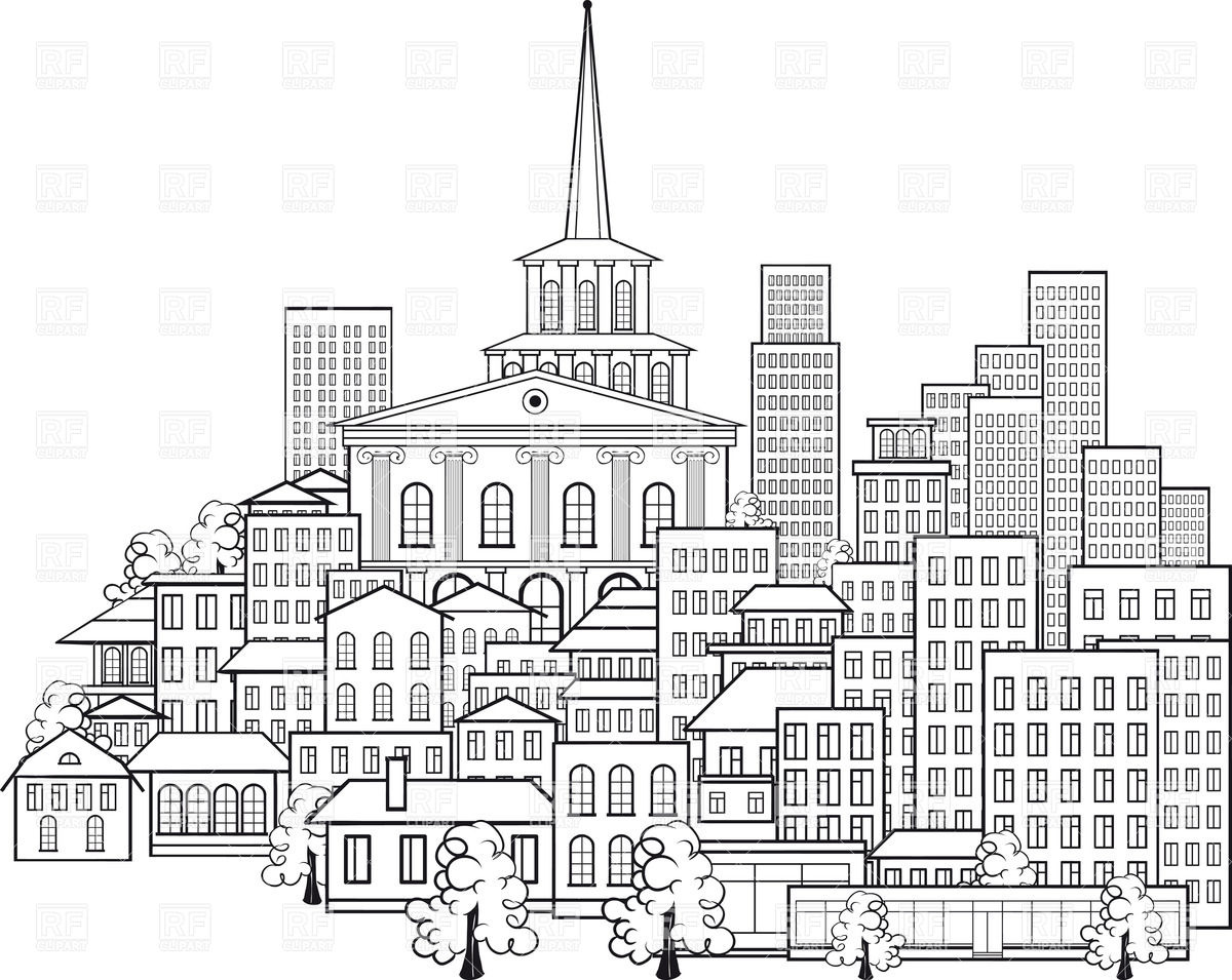 1200x955 Sketch Of Small Town With Buildings On The Hill Vector Image - Sketch Of City