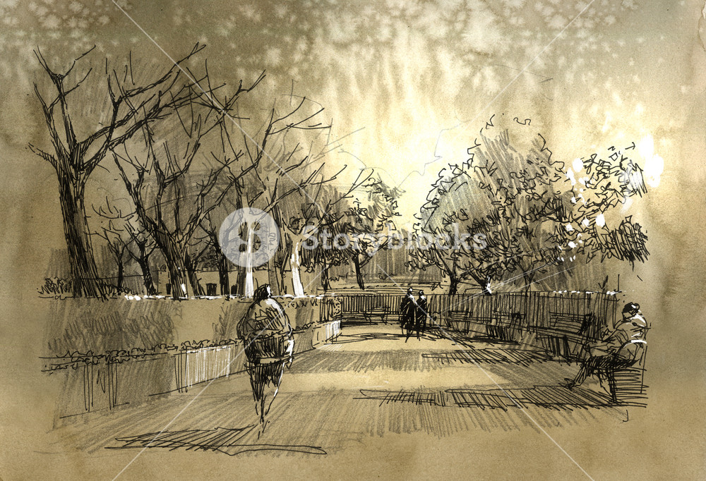 1000x682 Freehand Sketch Of City Park Walkway Royalty Free Stock Image - Sketch Of City