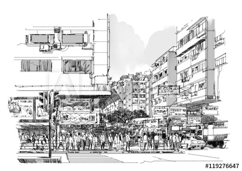 500x354 Hand Drawn Sketch Of City Street,cityscape,drawing,illustration - Sketch Of City