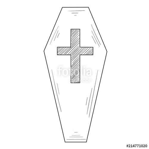 500x500 Hand Drawn Coffin Sketch With Cross On White Background. Stock - Sketch Of Cross