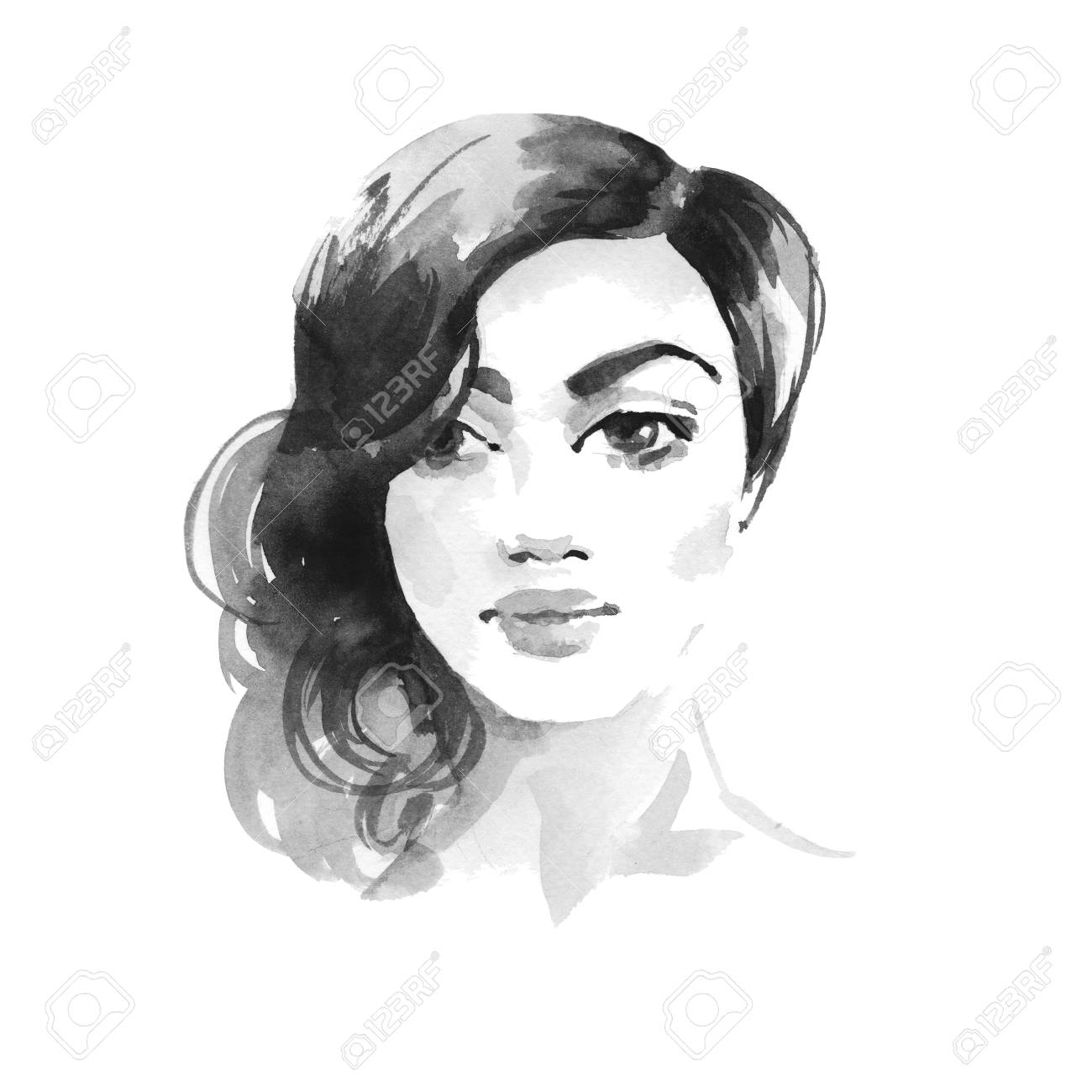 1300x1300 Sketch Of Female Face Brunette Girl. Watercolor Sketch 1. Female - Sketch Of Female