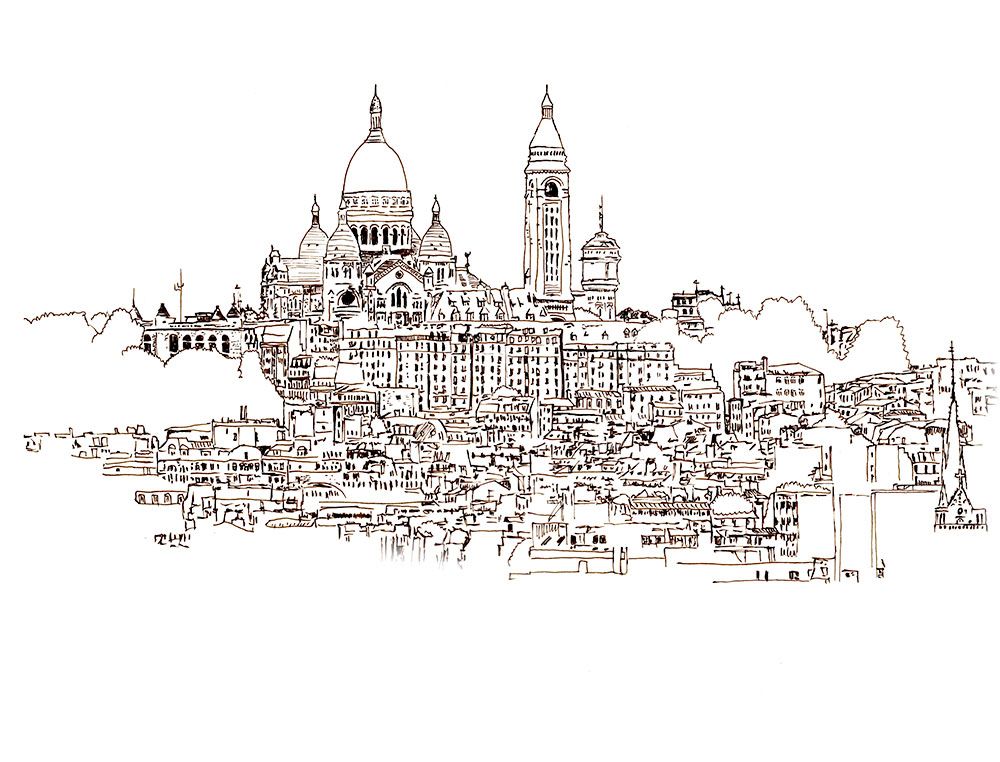 1000x762 Sepia Line Drawing Sketch Of Sacre Couer In Paris, France - Sketch Of France