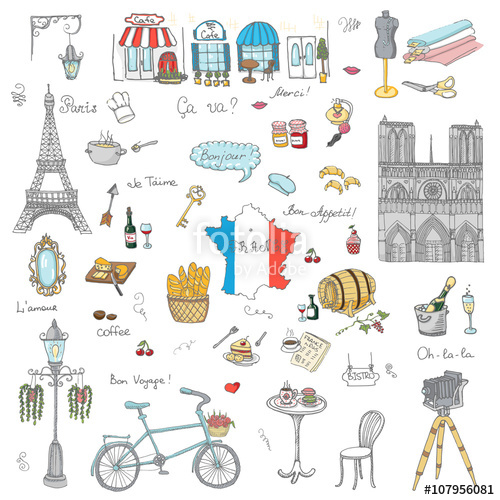 500x500 Set Of Hand Drawn French Icons, Paris Sketch Vector Illustration - Sketch Of France