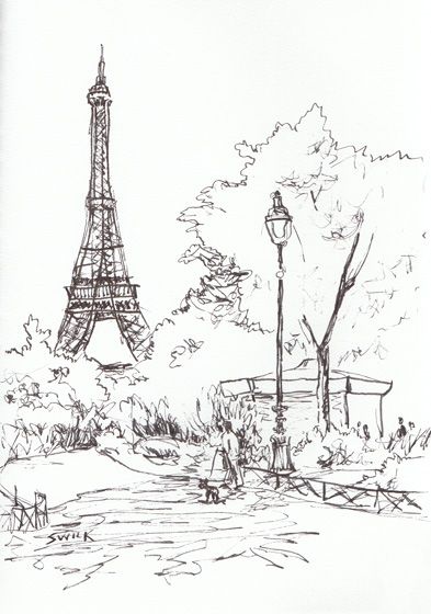 393x560 Eiffel Tower, Pen And Ink Drawing From France Watercolor City - Sketch Of France