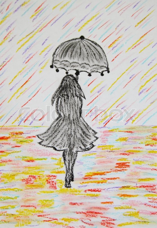 553x800 Girl With Umbrella Goes Under A Colored Rain, Pastel Drawing - Sketch Of Girl With Umbrella