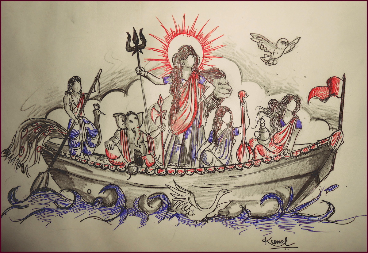1200x825 Celebrating Mahalaya Through Artwork The Kaleidoscopic Kanvas - Sketch Of Goddess Durga