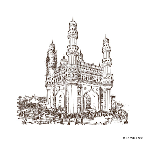 500x486 Sketch Of Charminar Hyderabad Telangana India In Vector - Sketch Of India