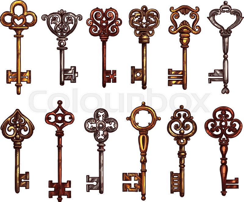 800x663 Key And Vintage Skeleton Key Isolated Sketch. Metal Door Key - Sketch Of Key