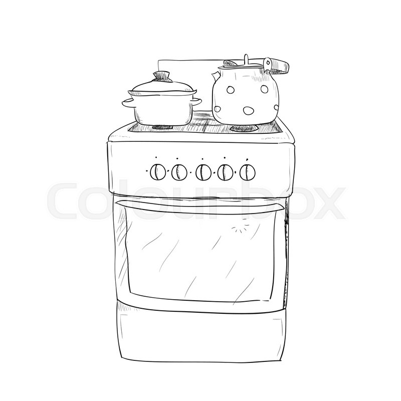 800x800 Hand Drawn Sketch Of Kitchen Stove With Kettle And Pan Stock - Sketch Of Kitchen