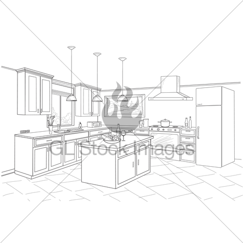 500x500 Interior Sketch Of Kitchen Room. Outline Blueprint Design... Gl - Sketch Of Kitchen