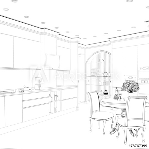 500x500 3d Sketch Of Kitchen Interior With Dining Area - Sketch Of Kitchen