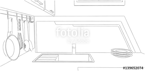 500x245 Sketch Of Kitchen Corner With Sink And Wall Pot Rack. Stock Photo - Sketch Of Kitchen