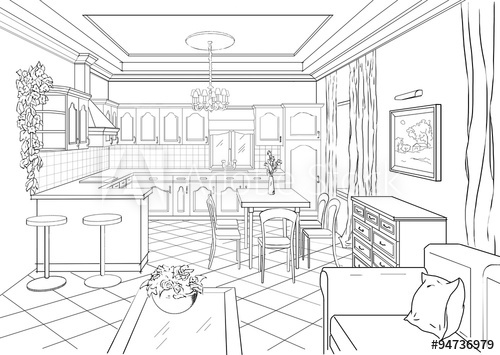 500x355 Sketch Of Kitchen Interior In Classic Style. - Sketch Of Kitchen