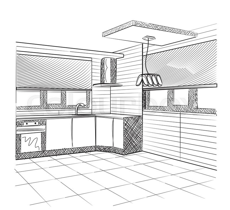 800x733 Editable Vector Illustration Of An Outline Sketch Of A Kitchen - Sketch Of Kitchen