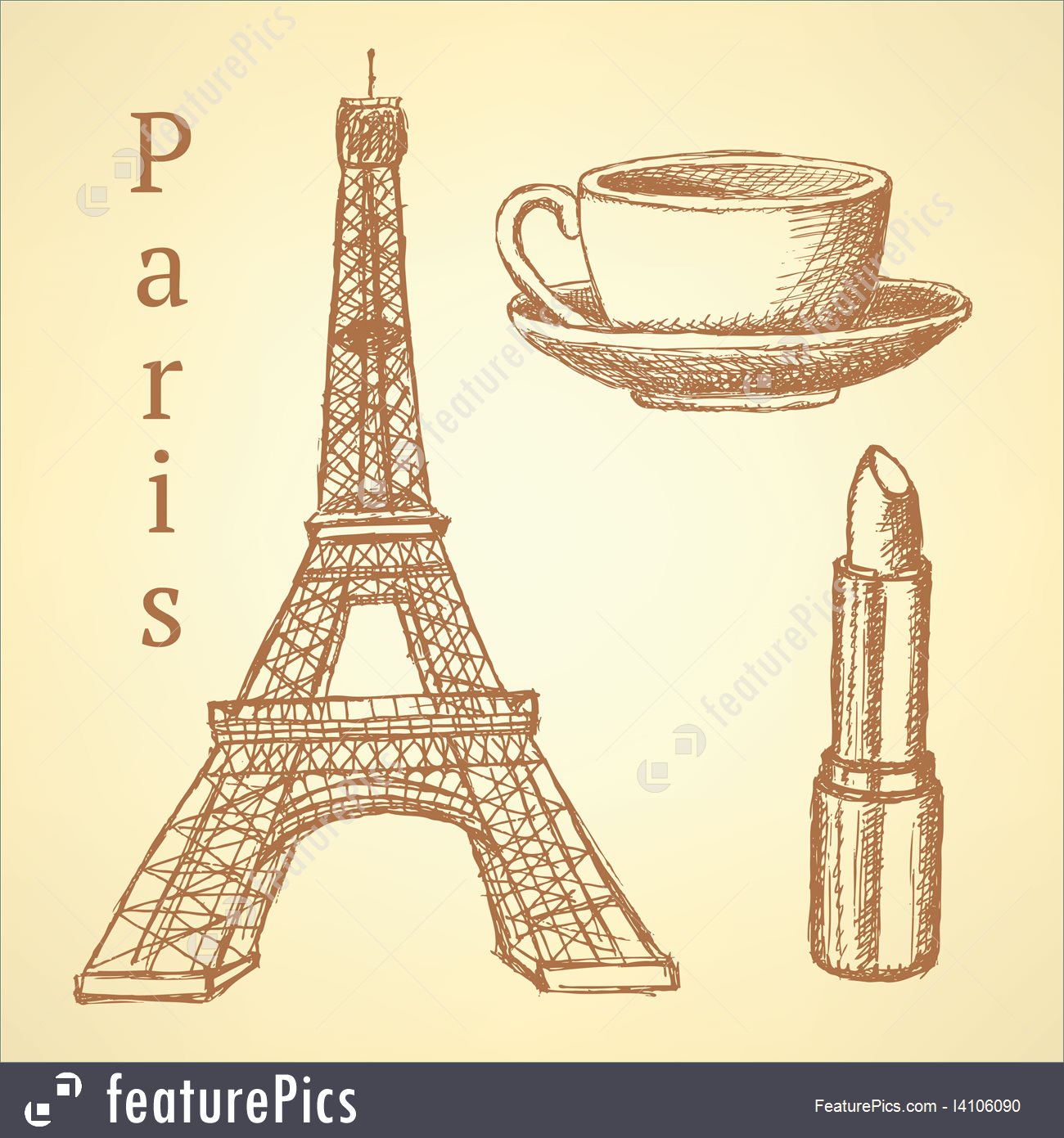 1300x1391 Sketch Eiffel Tower, Lipstick And Cup, Vector Background - Sketch Of Lipstick