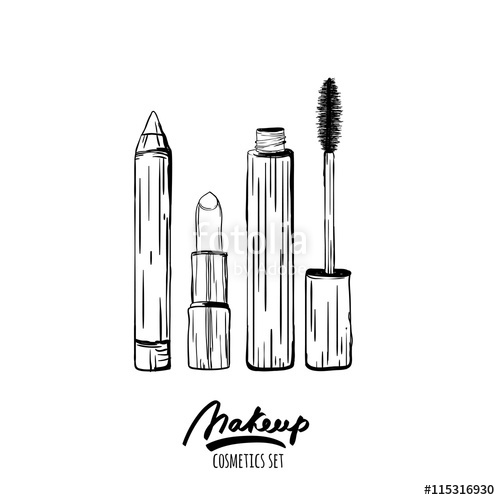 500x500 Vector Hand Drawn Monochrome Illustration Of Makeup Cosmetics Set - Sketch Of Lipstick