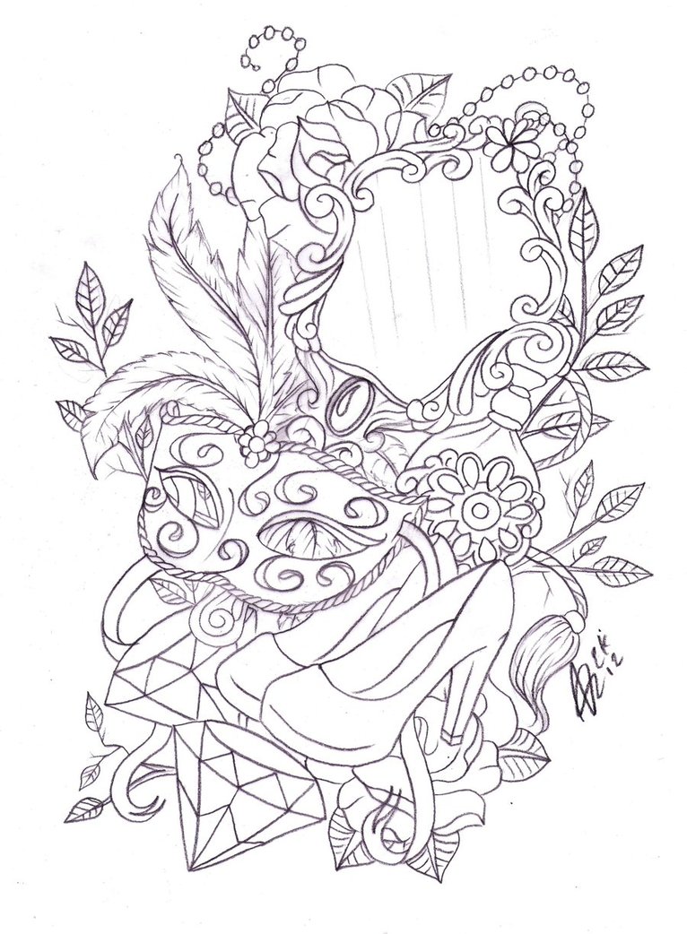 766x1042 Leg Mask And Mirror Tattoo Sketch By Nevermore Ink - Sketch Of Mirror