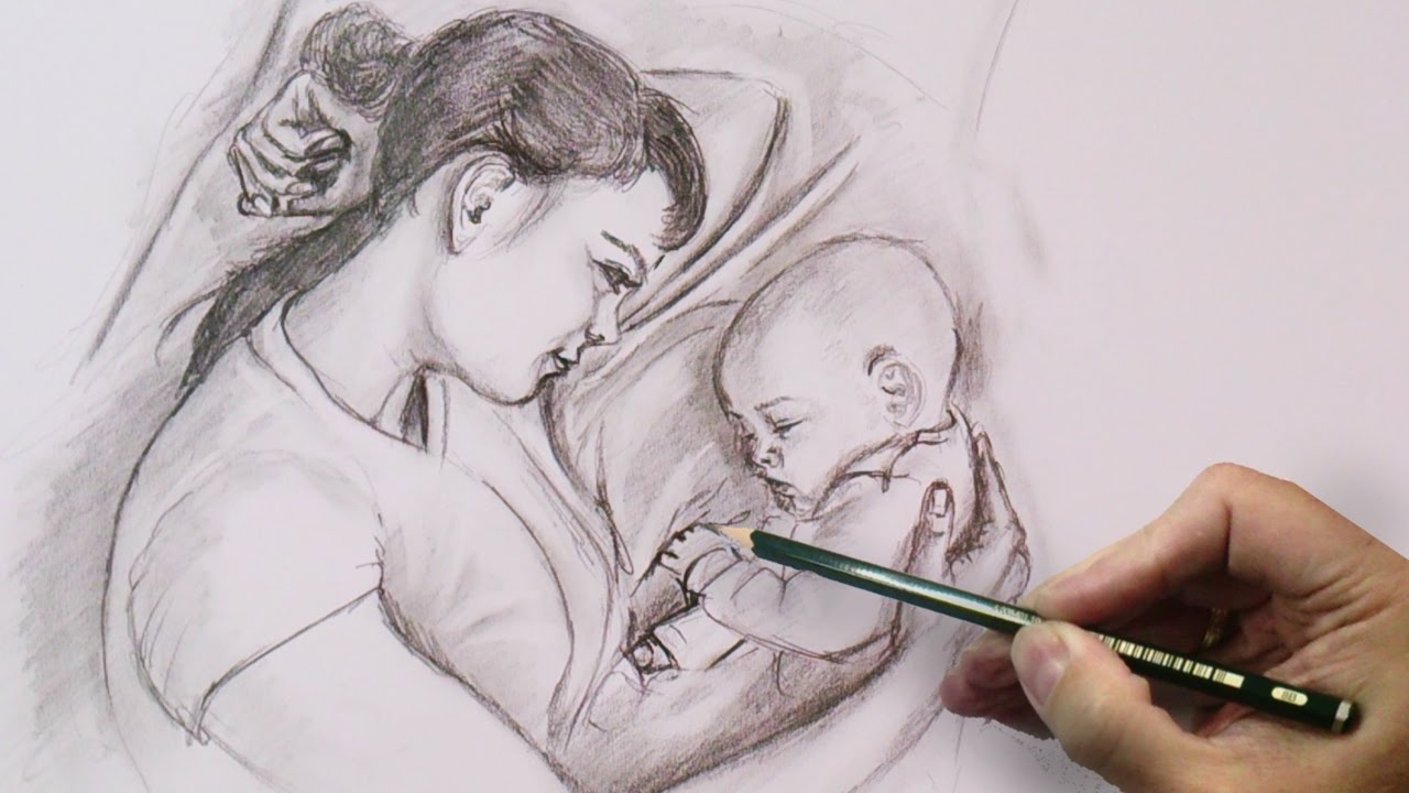 1280x720 Drawing Sketch Of The Mother With Baby Pencil Sketches Of Mother - Sketch Of Mother And Baby