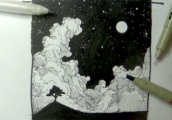 568x397 Small And Simple Night Time Landscape Pen And Ink Drawing - Sketch Of Night