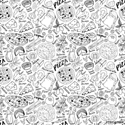 500x500 Pizza Seamless Pattern Hand Drawn Sketch. Pizza Doodles Food - Sketch Of Pizza