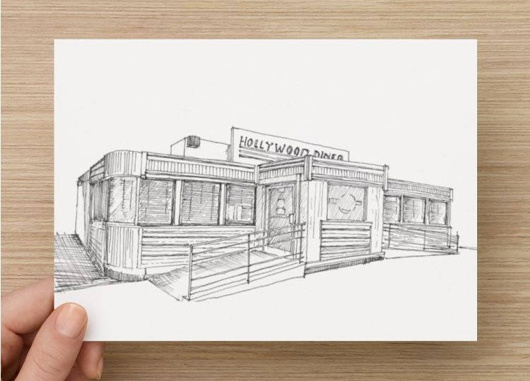 750x540 Ink Sketch Of Hollywood Diner In Baltimore, Maryland - Sketch Of Restaurant