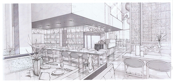 600x285 Interiors In Graphite Sketches On Behance - Sketch Of Restaurant