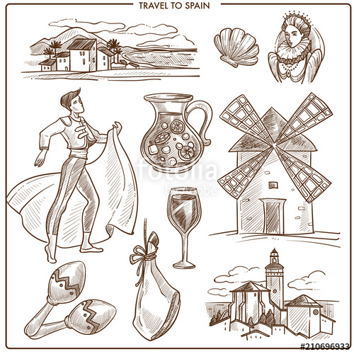 500x500 Spain Travel Symbols And Vector Sketch Landmarks Stock Image And - Sketch Of Spain