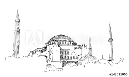 500x299 Hand Drawn Sketch Of The World Famous Blue Mosque, Istanbul In - Sketch Of The World