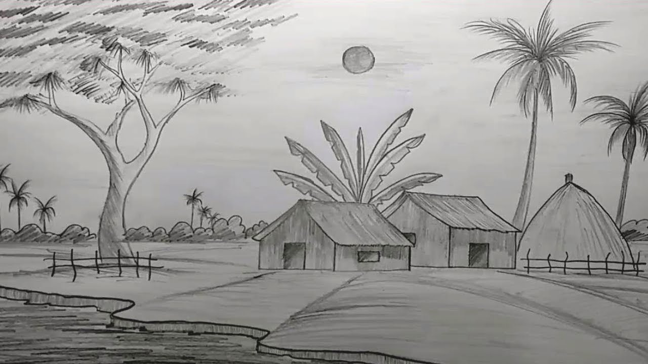 Sketch Of Village Scenery at PaintingValley.com | Explore ...