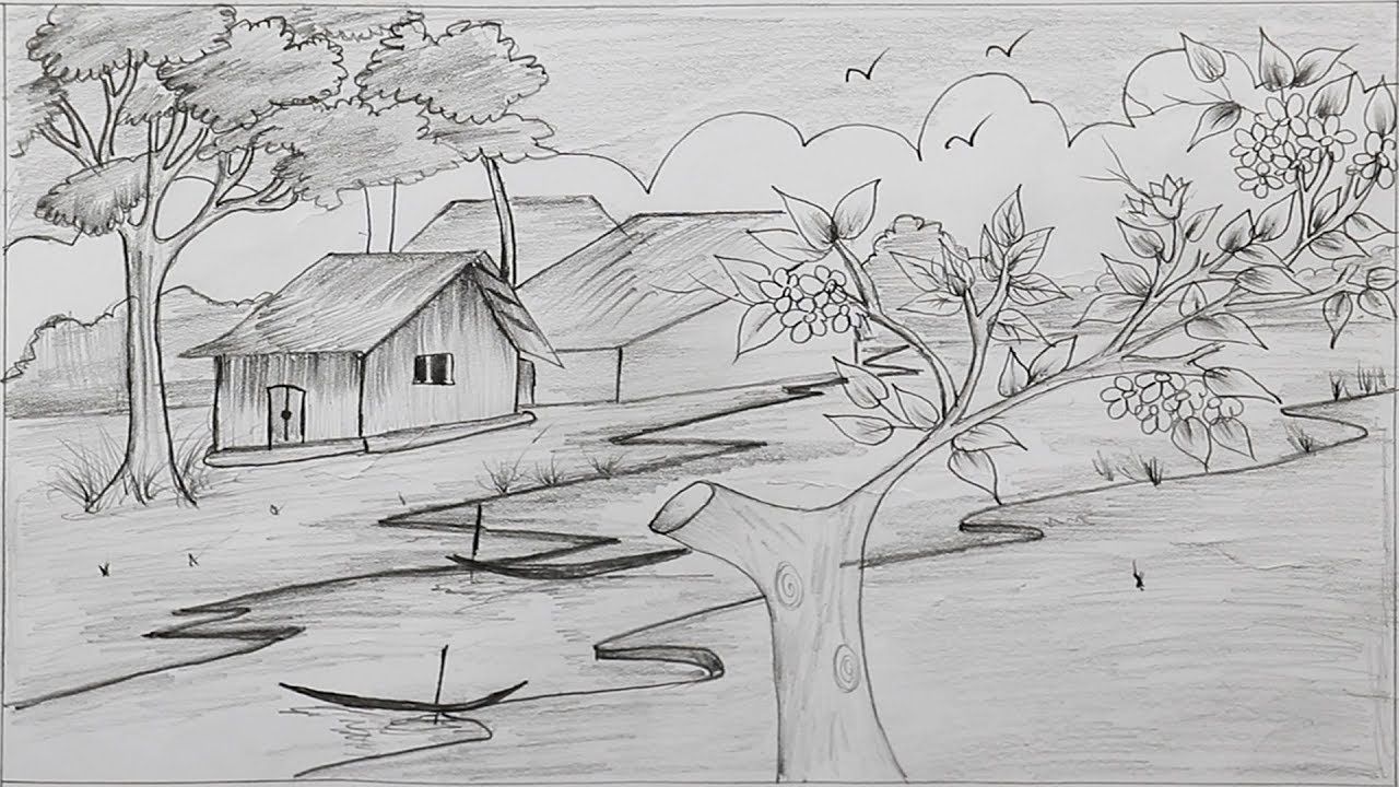 1280x720 How To Draw A Village Scenery With Pencil Step By Step Easy - Sketch Of Village Scenery
