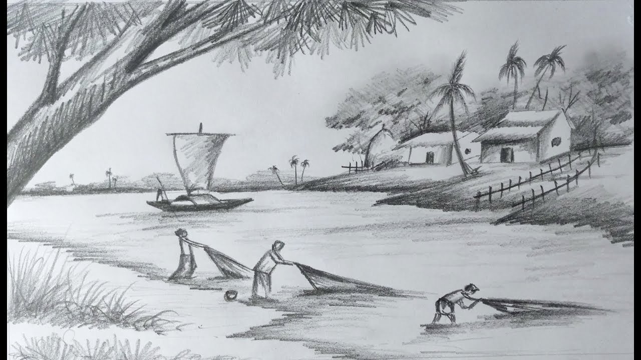 1280x720 How To Draw Scenery Of Village Life With Sketch Step By Step (Easy - Sketch Of Village Scenery