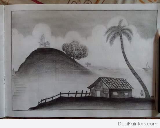 552x444 Brilliant Pencil Sketch Of Village Scenery - Sketch Of Village Scenery