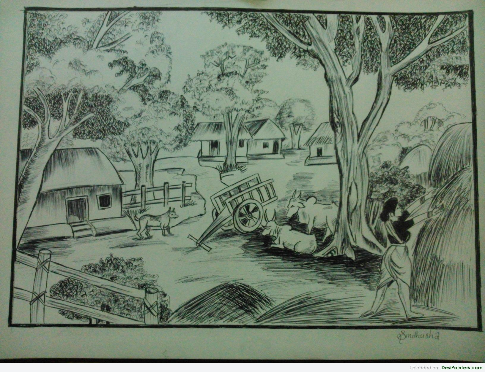 Pencil Sketch Of Village Scene