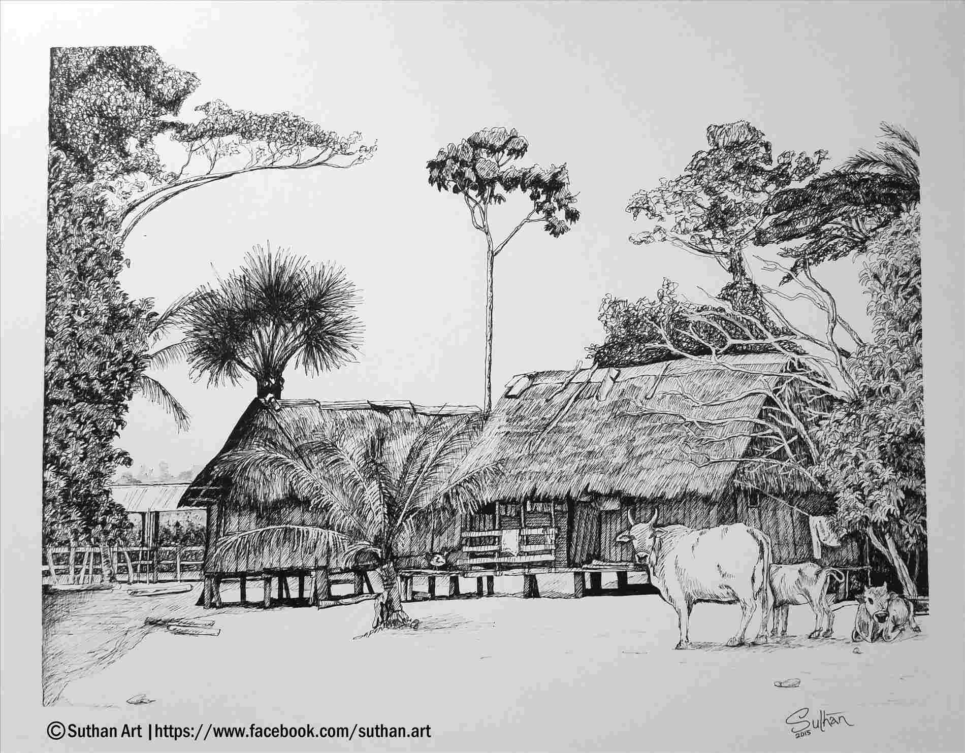 Pencil Drawing Of Village Life