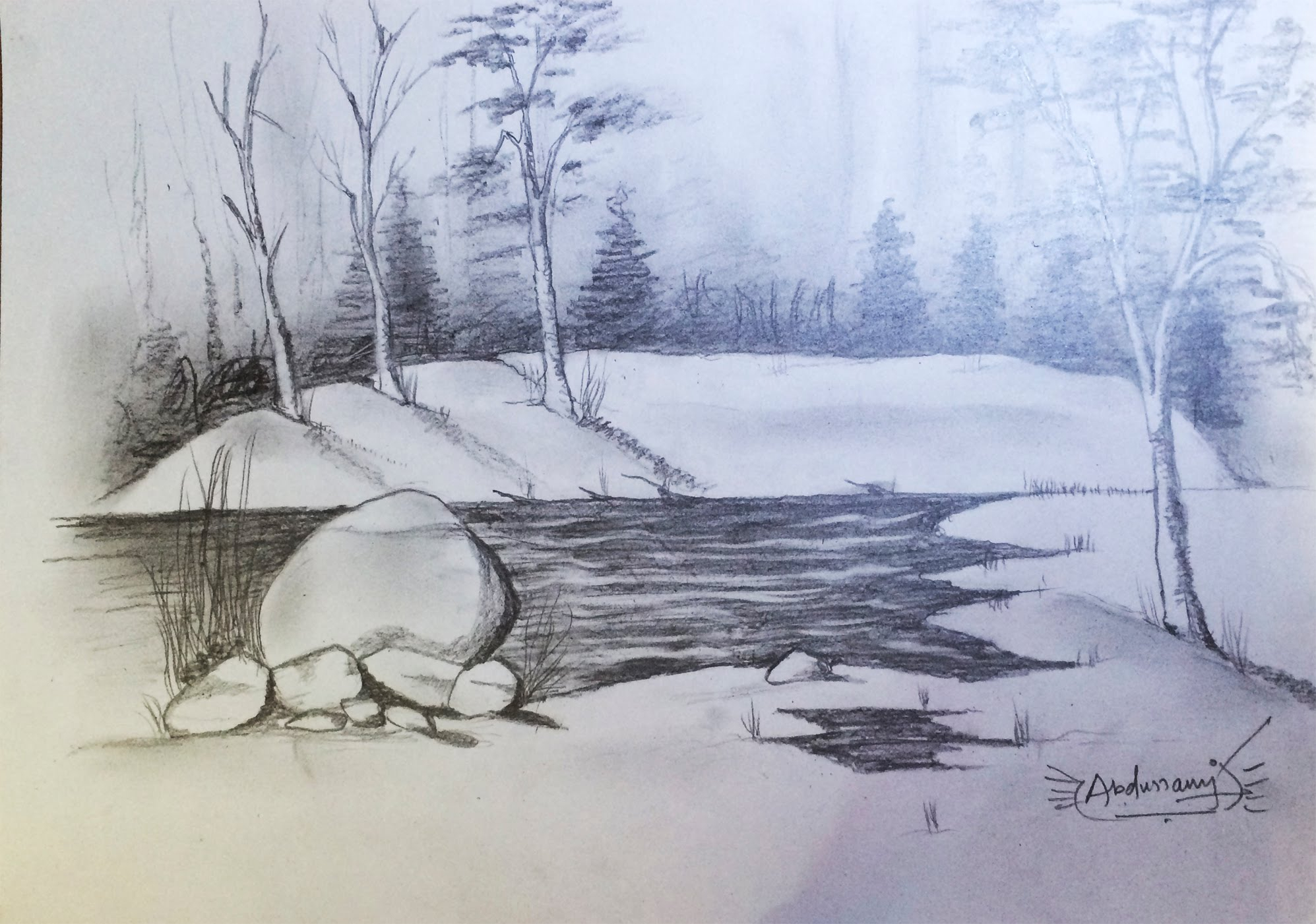 1995x1401 Village Scenery Pencil Winter Drawing Pictures - Sketch Of Village Scenery