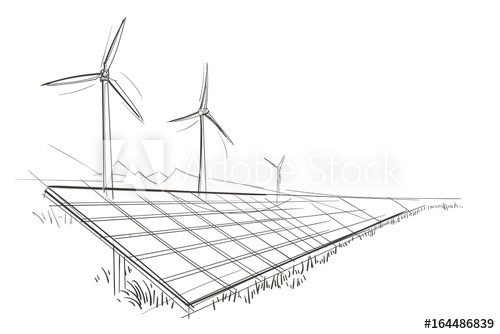 500x334 Solar Panels And Wind Turbines Hand Drawn Sketch. Vector. - Sketch Of Wind