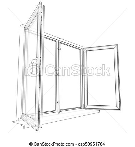 432x470 Open Windows Sketch. Vector Rendering Of 3d. Wire Frame Style. The - Sketch Of Window