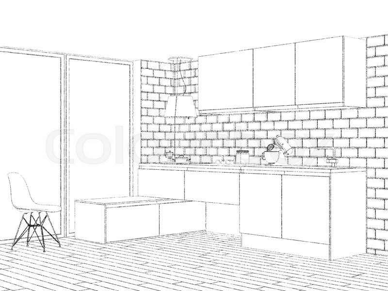 800x600 Sketch Of Modern Kitchen Interior With Big Window Stock Photo - Sketch Of Window