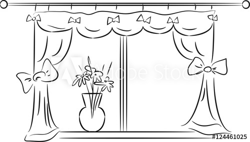 500x285 Sketch Of Window With Curtains And A Glass Vase On A Windowsill - Sketch Of Window