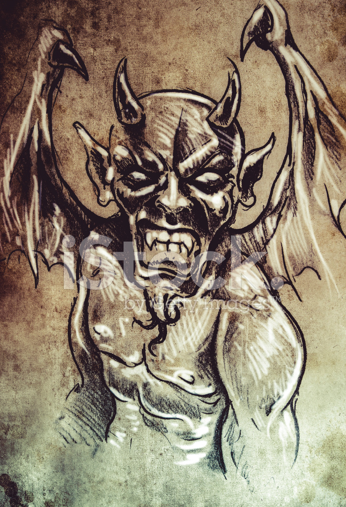 700x1024 Devil, Tattoo Sketch, Handmade Design Over Vintage Paper Stock - Sketch Over Photo