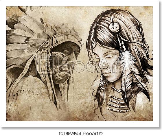 560x470 Free Art Print Of American Indian Woman, Tattoo Sketch, Handmade - Sketch Over Photo