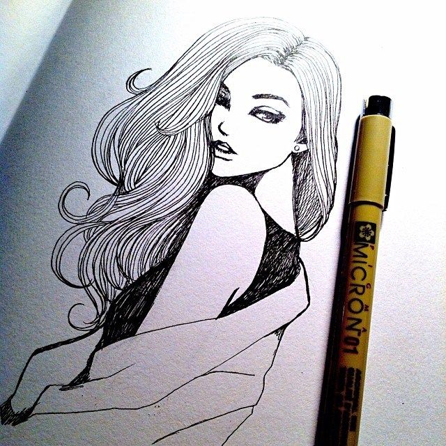 640x640 Micron Pen Sketch Of A Girl Hair Eyes Shoulder Arm Mouth - Sketch Pen Drawing