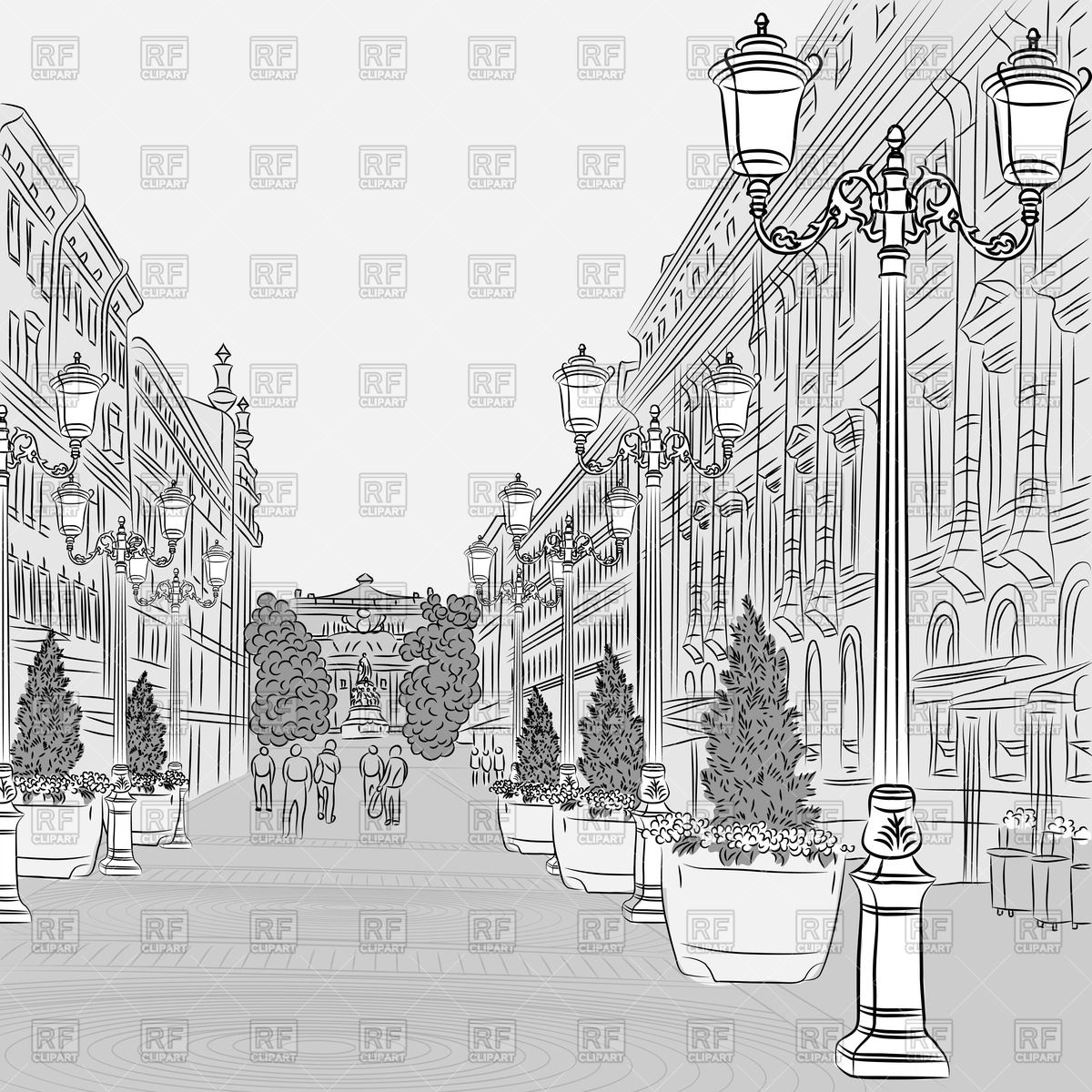 1200x1200 Sketch Of Cityscape In Perspective Vector Image Vector Artwork - Sketch Perspective