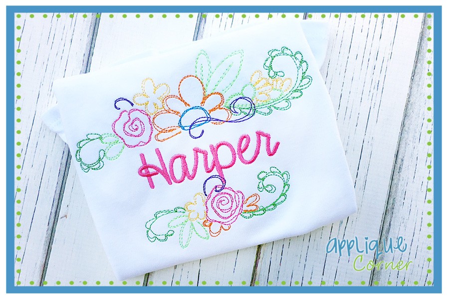 900x600 Applique Corner Floral Name Frame Sketch Embroidery Design - Sketch Photo Frame